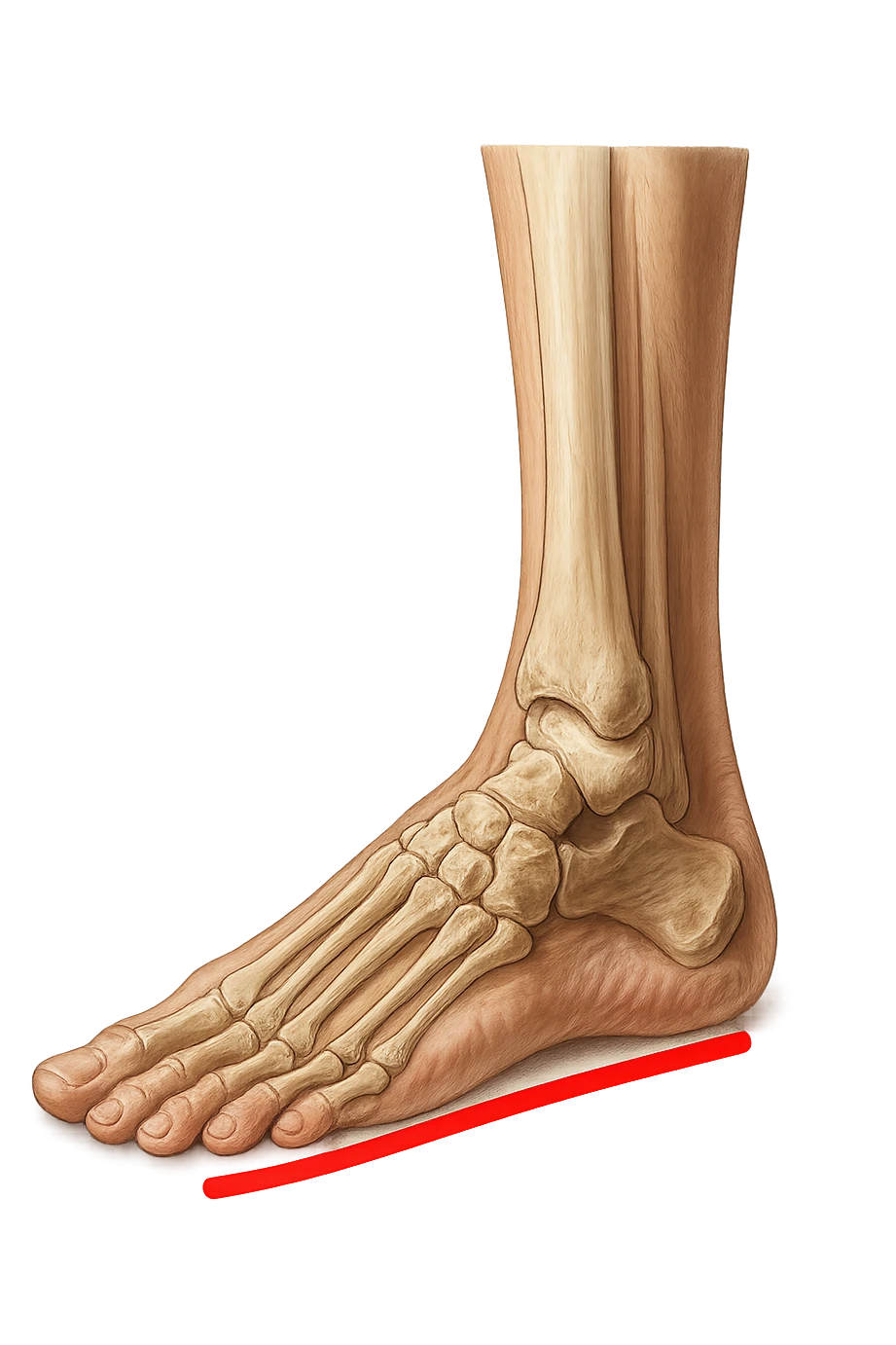spazio dall'avampiede al tallone umano sottolineato in rosso, fai l'arto umano anatomico realistico con evidenza su quel tratto emoji