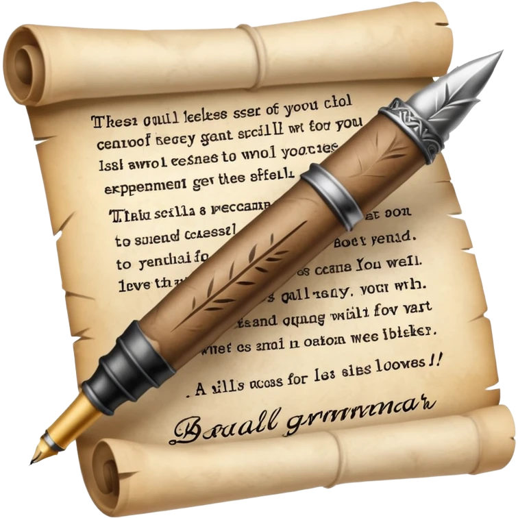 a quill pen writing on a scroll with crossed-out words and mistakes, representing bad grammar and writing emoji