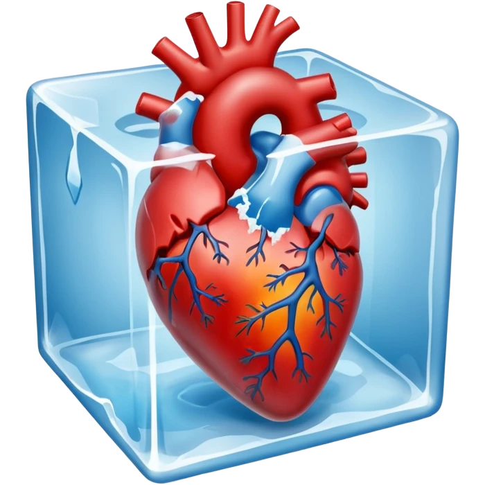 A realistic human heart completely frozen, trapped inside a clear ice cube emoji