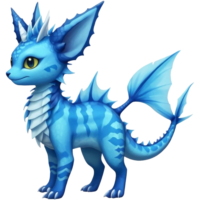 Feral Rare Fantasy vibrant tropical cobalt-blue and cyan Vernid-Trico-Vaporeon-Amaura-species-creature by LiLaiRa, random markings, tufted tail, tufted ears, full body emoji