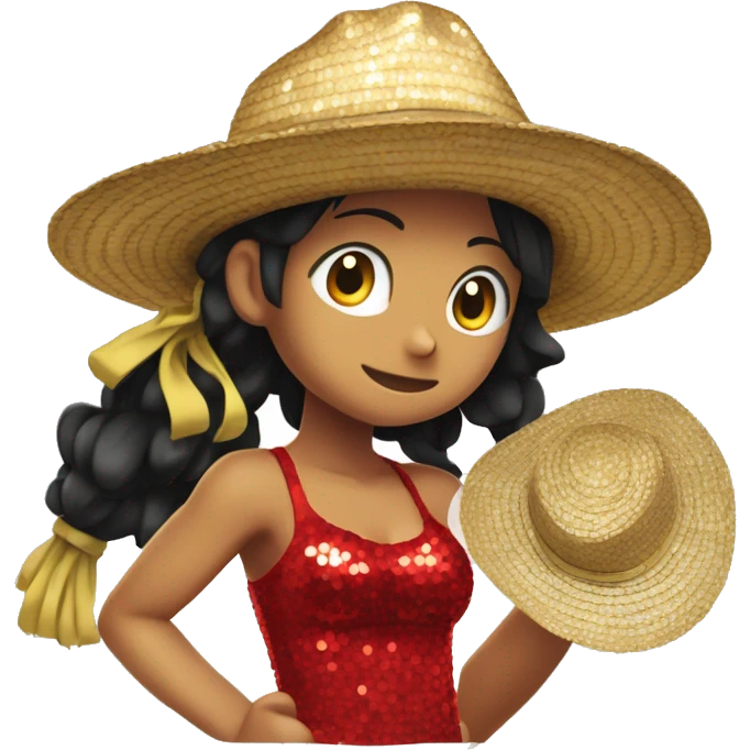 Girl in red sequined dress wearing Luffy's straw hat emoji
