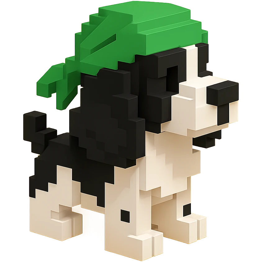 A black and white Russian Cocker Spaniel puppy wearing a green durag, facing left emoji