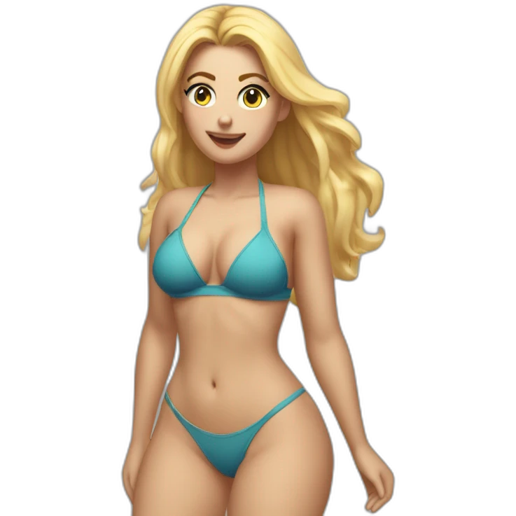 Slim-thicc Caucasian woman blues eyes blond hairs bikini hands-in-hair pose (beach body) full body emoji