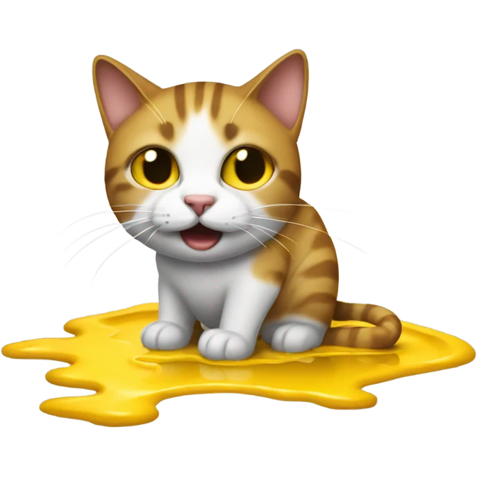 A cat with crutches slips on a puddle of mustard emoji