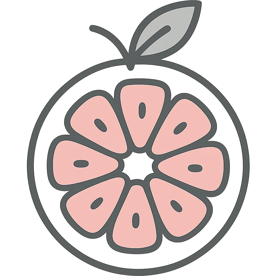 Flat icon of a pink grapefruit sliced in half, using a vibrant palette of orange, white, and pink, minimal and clean design, no background. emoji