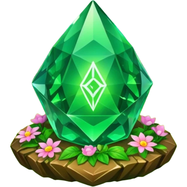 green crystal with runes in forest and flowers emoji