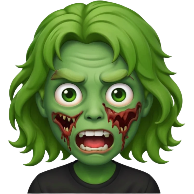 zombi emoji with a wavy medium hair, mouth, nose, green skin, black shirt emoji