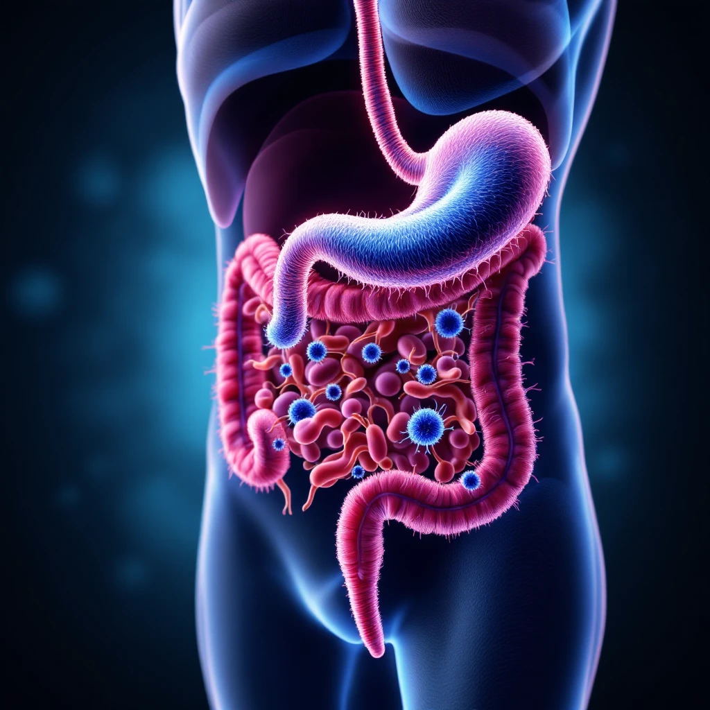 a medical illustration of a human realistic gut with bacteria and parasyte (tenia) emoji