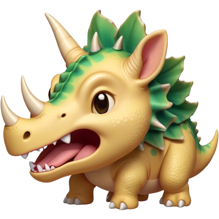 Cinematic Cute Yawning Triceratops Portrait Emoji, Head tilted slightly with a dramatic, wide-open yawn, showcasing a robust, horned body with a frilled head and sleepy, half-closed eyes, Simplified yet irresistibly cute features, highly detailed, glowing with a soft, cozy prehistoric glow, high shine, relaxed yet expressive, stylized with a dash of whimsical ancient charm, soft glowing outline, capturing the essence of a drowsy yet affectionate Triceratops that appears ready to stretch and yawn its way out of the screen! emoji