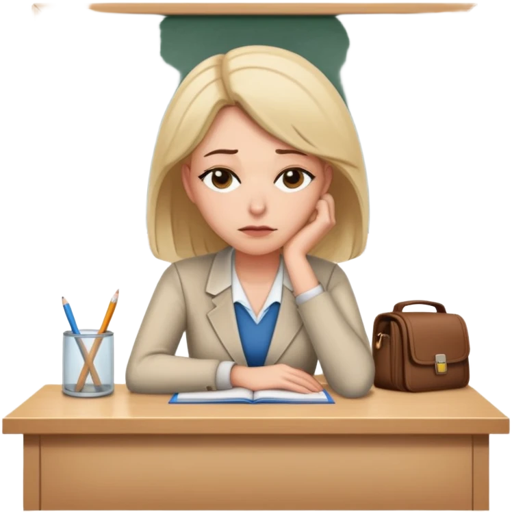 Exhausted female teacher with head down on classroom desk emoji