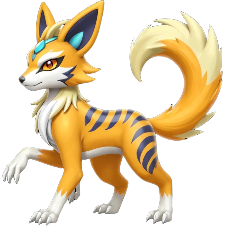 Tribal Exotic Meloetta-Zeraora-Lombax-Renamon-Protogen-Palkia-hybrid-fusion-Fakémon-creature, full body emoji