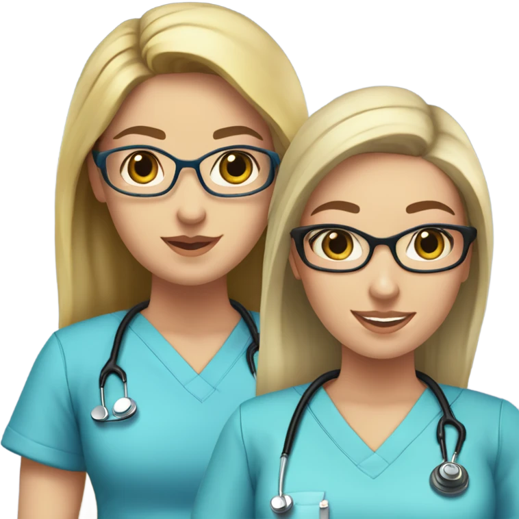 Two Caucasian Best friend nurses in blue scrubs. one girl has glasses with black hair in a pony tail. The other girl has long hair but no glasses emoji