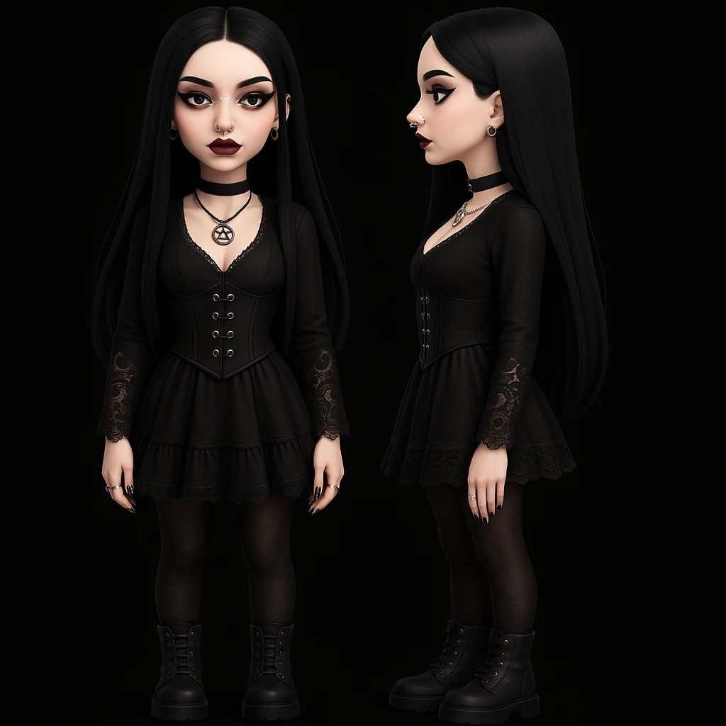 Make the woman more attractive with facial piercings, remove her fringe, dress her in gothic clothing, keep her pale skin and long straight black hair, standing still, with no background. emoji