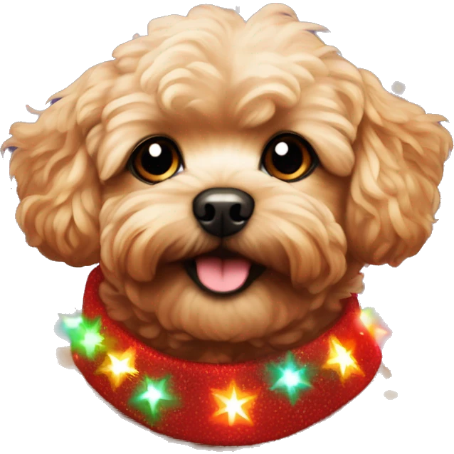Red maltipoo with Christmas lights decorated around its neck emoji