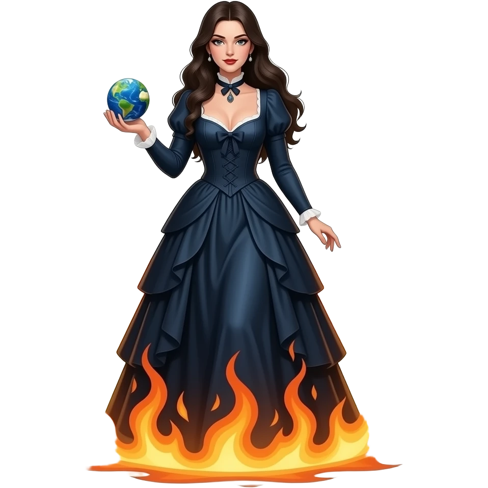 a seductive evil beautiful woman in a long dark blue dirty Victorian dress with a deep neckline carries in her palm a small planet Earth that radiates and steps out of a circle of fire emoji