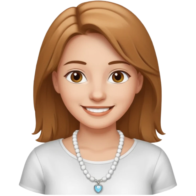 Счастливая Девушка с украшение на шее в виде бус белого и серебряного цвета в белой рубашке, с русыми волосами emoji