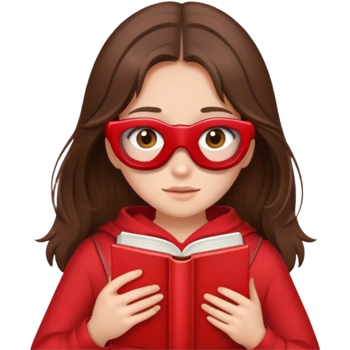 brunette girl with brown hair wearing red clothes covering her face with book emoji