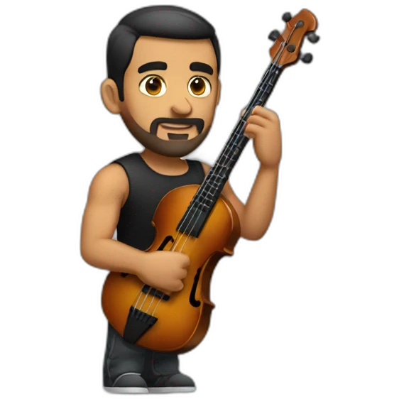 strong latin man, with muscles, with a thin beard, in a black shirt playing the bass emoji