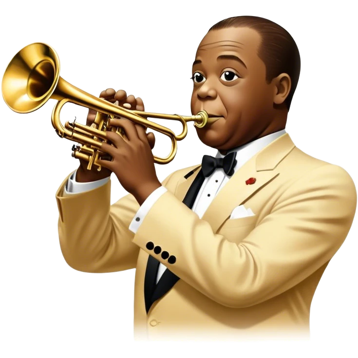 Icon for Jazz Music: collage of Louis Armstrong with his trumpet and Glenn Miller with his orchestra. Silhouettes of musicians, brass instruments, and musical notes. The design should convey the classic, smooth vibe of jazz. Transparent background. emoji