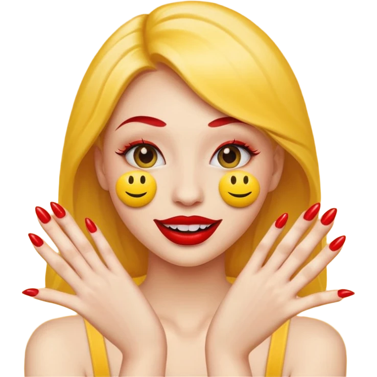 yellow smiley emoji face with big red lips and two hands with long red nails emoji