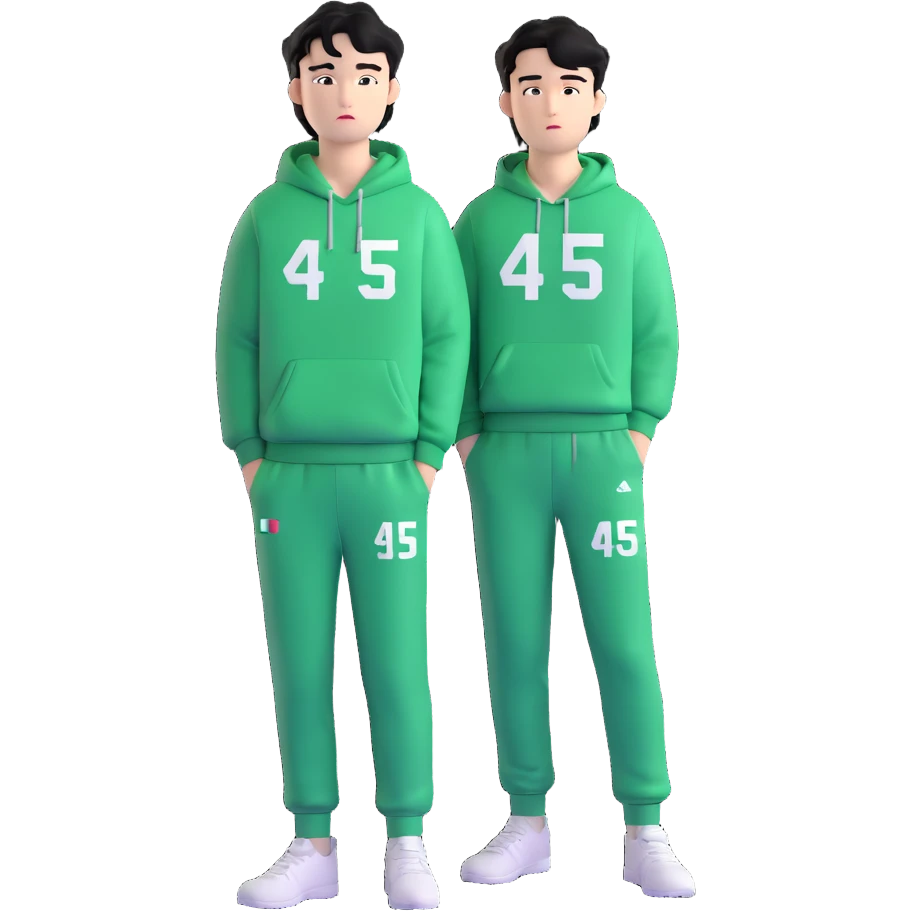Draw Seong Gi-hun (Player 456), Korean male, messy black hair, green tracksuit with white number 456 printed on chest. emoji