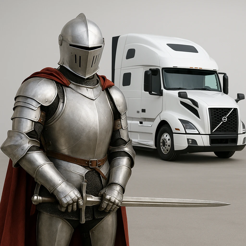 a white knight in shining armor with a 2022 white Volvo semi sleeper truck in the background, heroic, modern, clean background emoji