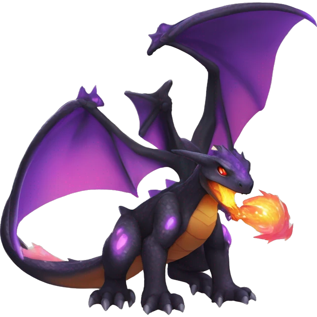 Black shiny nebula chibi Charizard-Raptor-Fakémon with purple flame on tail full body emoji