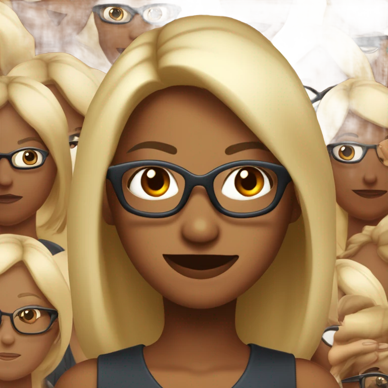 femme avec des cheveux lisse chatain clair, des yeux bleu avec des lunettes noires, un grand sourire et du rouge à lèvre rouge
 emoji