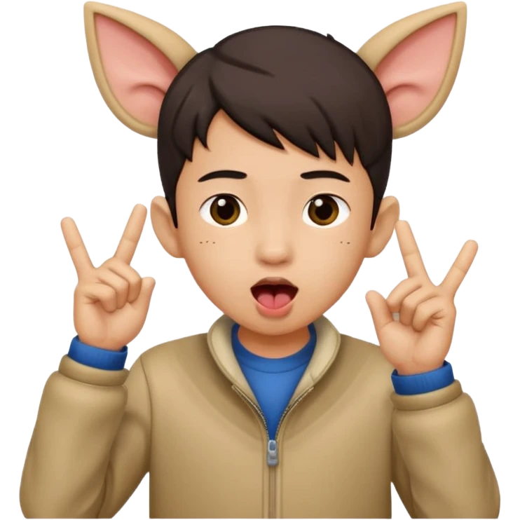 a boy with asian eyes holding his ears out with 2 fingers and with his tongue out emoji