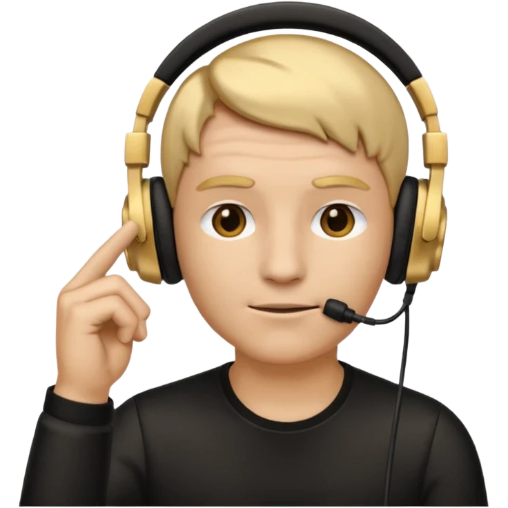 thinking emoji wearing over-ear headphones with microphone, one eyebrow raised quizzically, the other slightly furrowed, hand with thumb and index finger on chin in classic contemplative pose emoji