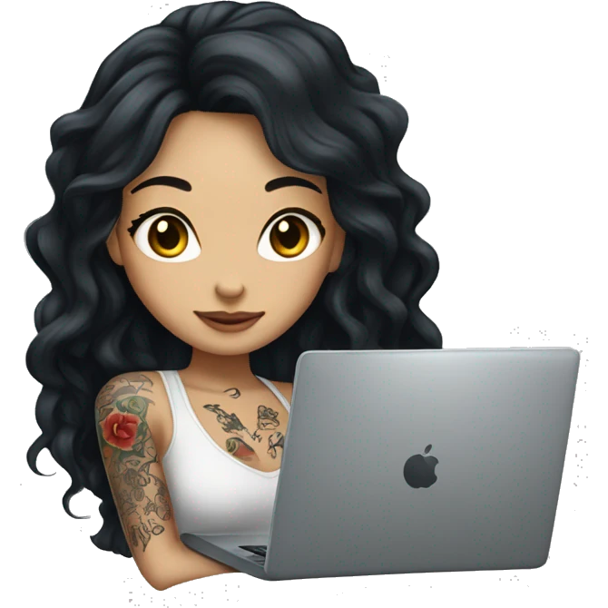 beautiful girl, with tattoos, with long black hair, wavy hair, chinese, with laptop emoji