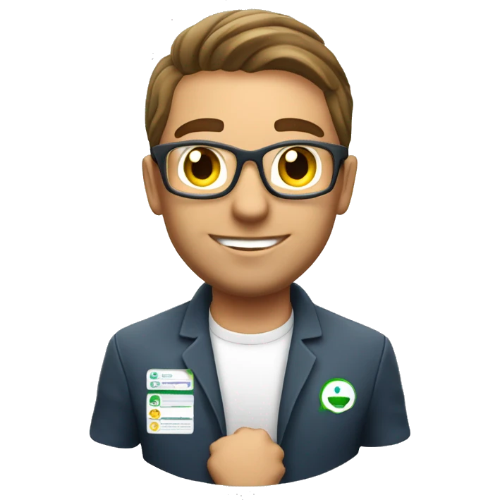 white brazilian man IT database administrator working on demand with a TAP company logo behind him emoji