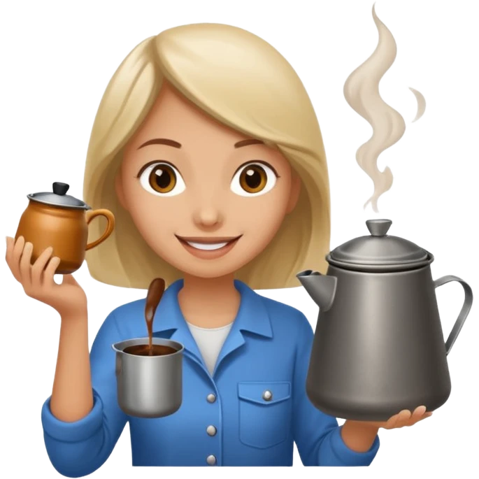A cheerful female camper brewing coffee in a small metal pot. emoji