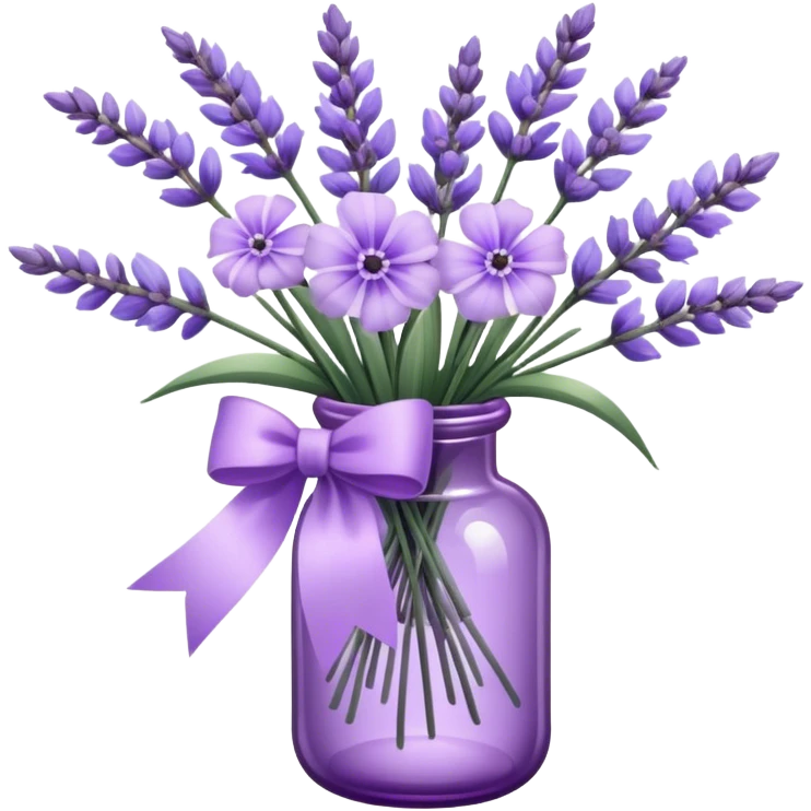 aesthetic bow in light purple , purple glass bottle and in it a beautiful bouquet of lavender emoji