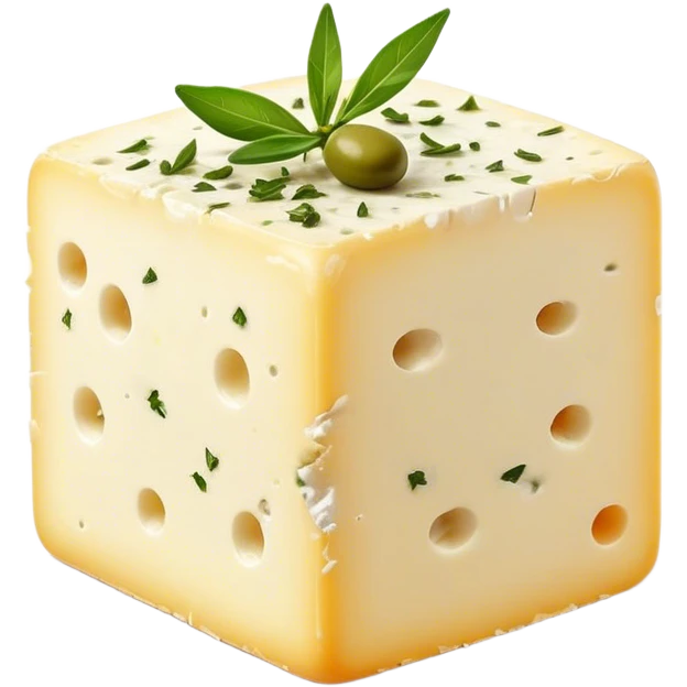 Cinematic Realistic Feta Cheese Dish Emoji, depicted as a block of crumbly, tangy cheese garnished with olive oil and herbs rendered with lifelike detail and soft natural lighting. emoji