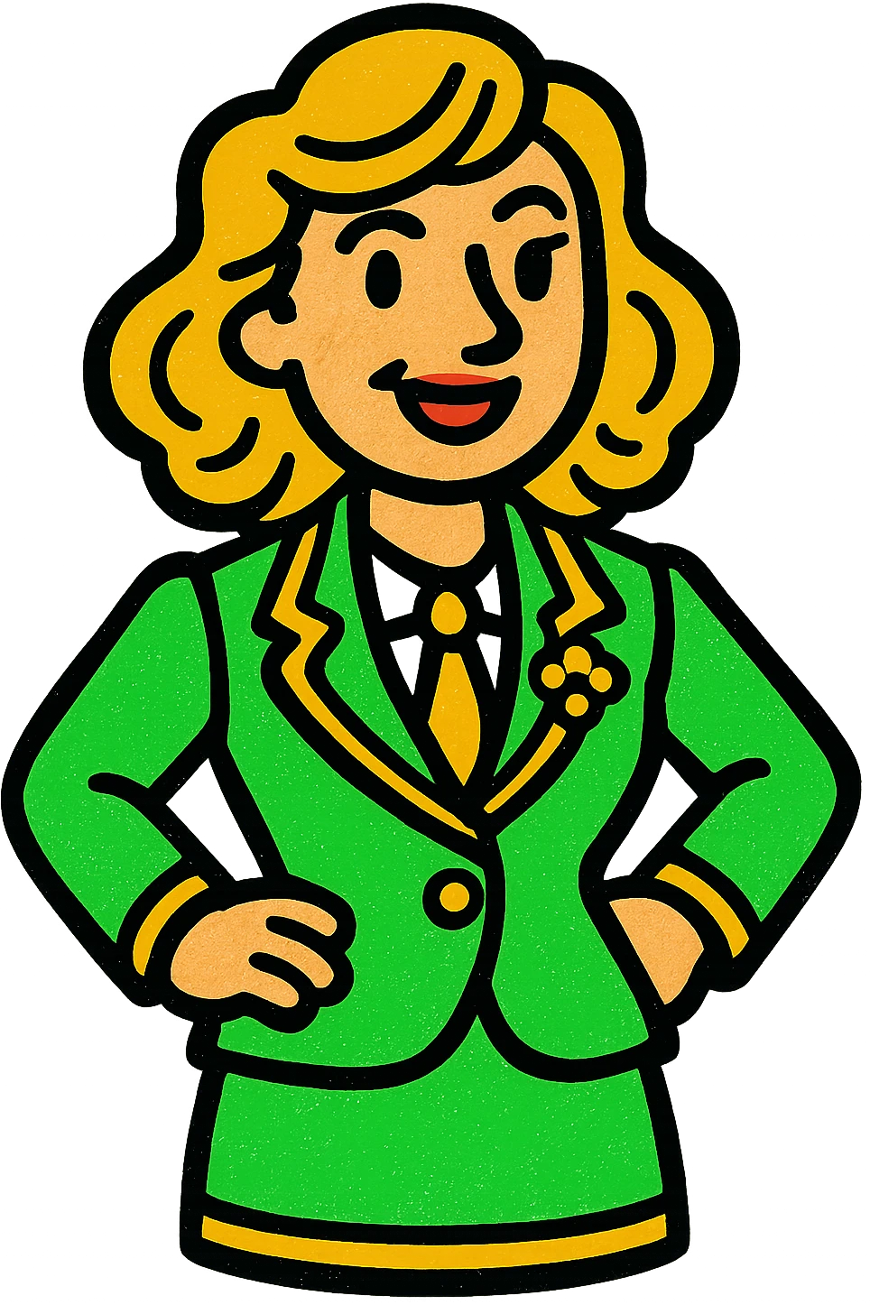 woman in suit, classic look, green gold and white color scheme, elegant lines, decorative details emoji