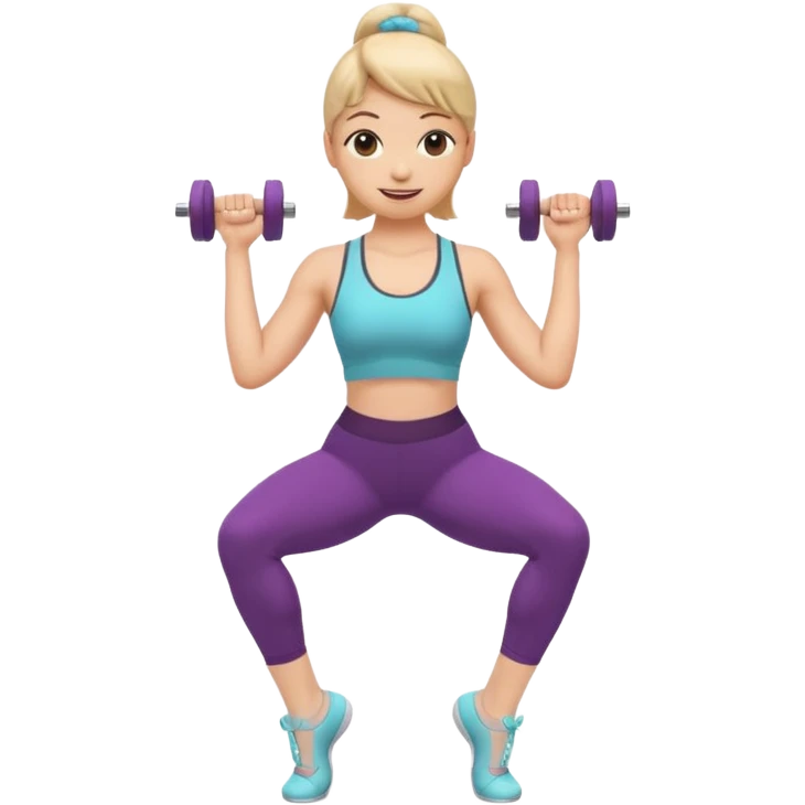 A cute 3D emoji of a fitness woman doing a plié squat at a ballet barre, holding a small dumbbell. She is sweating but smiling. Wearing leggings and a tank top. Soft pastel background, Apple emoji style. emoji