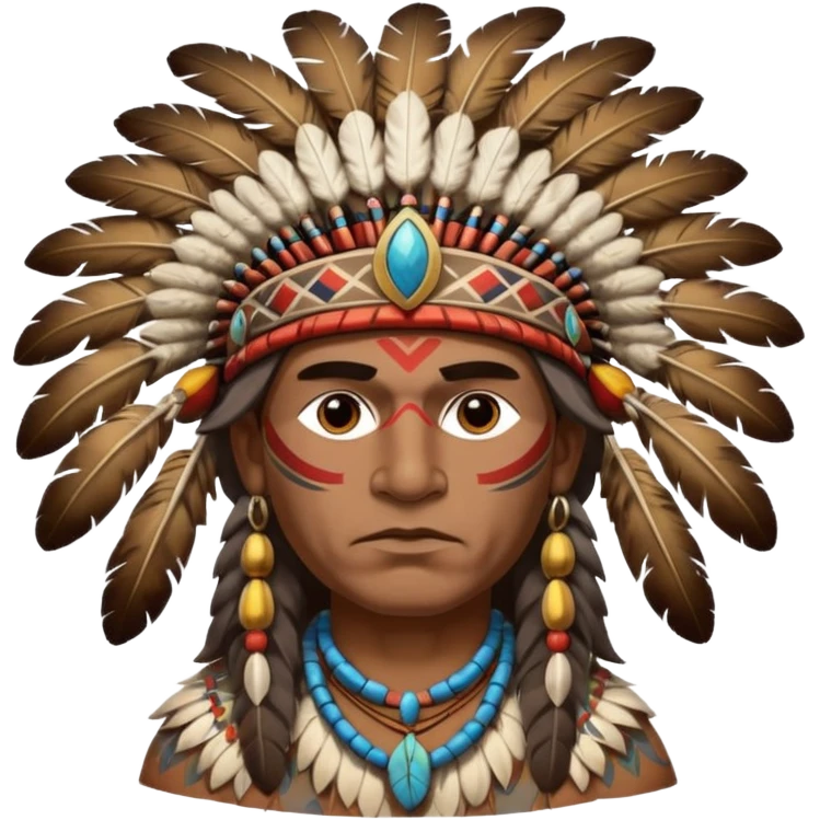 A proud chief with feathered headdress, calm powerful stance, and painted patterns on his face.
 emoji