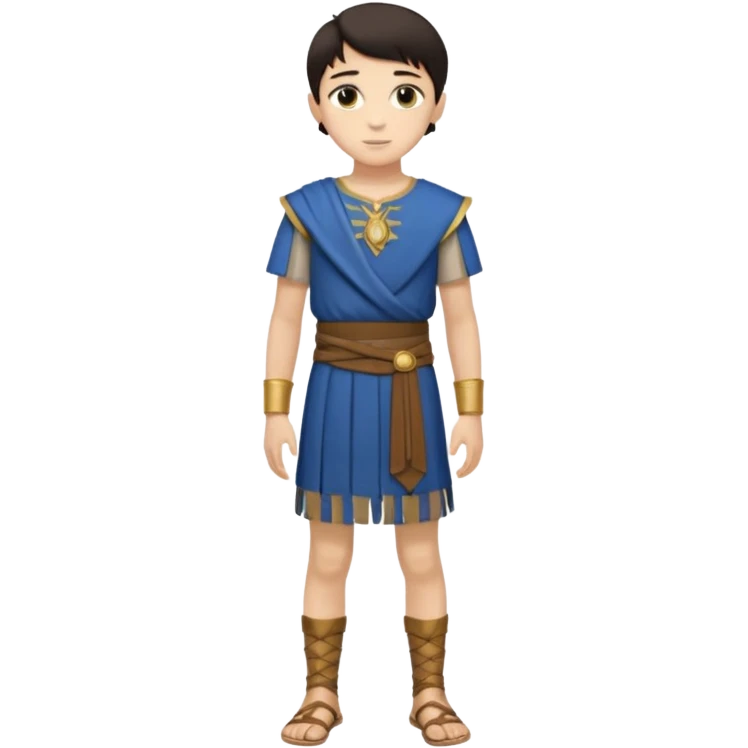 Niño: niño entre ⅞ años y 10/14 años, delgado, blanco de piel, moreno, ojos ni muy claros ni muy oscuros, bueno y simpático. cuerpo entero, época púnica emoji