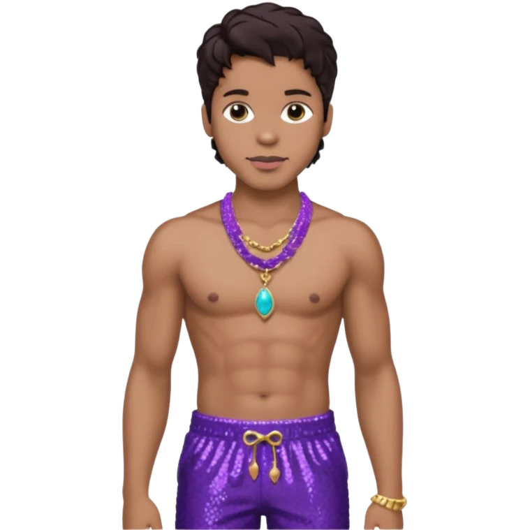 Prince Rogers Nelson with dark brown hair, purple sequin baggy pants, shirtless with necklace emoji