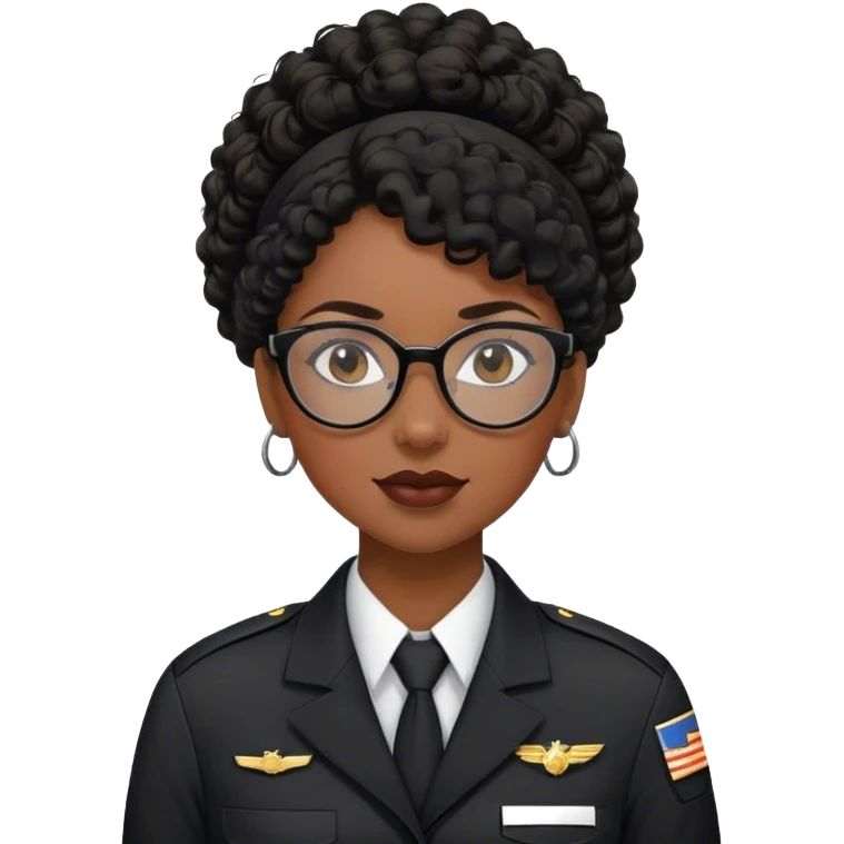 femme pilote d'avion en uniforme noir aux cheveux bouclés noir et petites lunettes arrondis identique avec des cheveux très long et la peau noir mais légèrement plus claire avec les cheveux attachés. 1 seule personne, cheveux moins épais  emoji