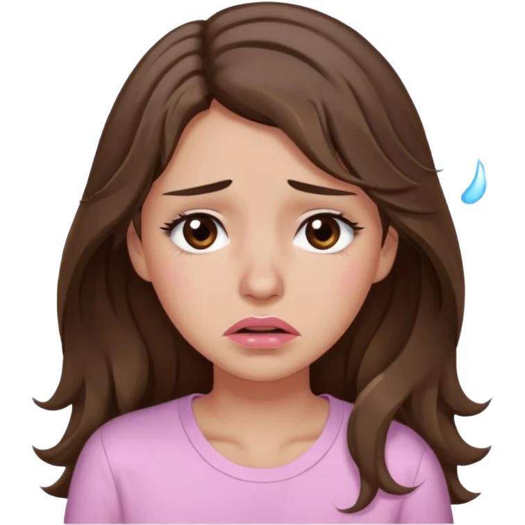 girl with wavy long brown hair, brown eyes, light to medium complexion, long lashes, light pink lipstick, wearing light pink shirt, weeping lots of big tears emoji