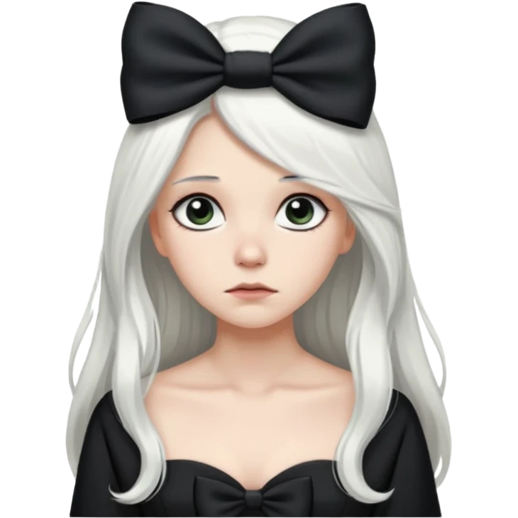 white long hair girl with black bow on her hair wearing black gown with a sad face emoji