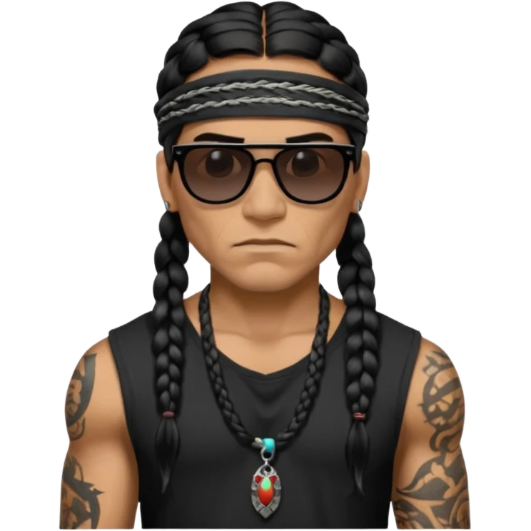 Native American/Spanish male. 
Untucked loose fitting black t-shirt. 
long black braided hair.
muscular.
Even More tattoos. 
Tough and menacing.
Dark black square sunglasses. emoji