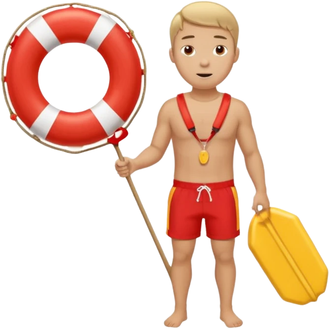Male lifeguard – red shorts, whistle around neck, holding rescue float. emoji
