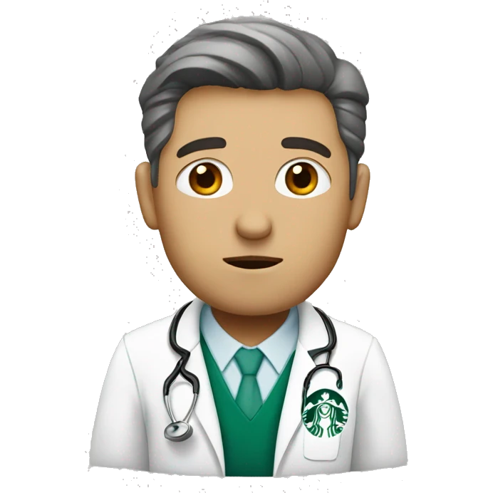 Tired white doctor with a starbucks coffee emoji