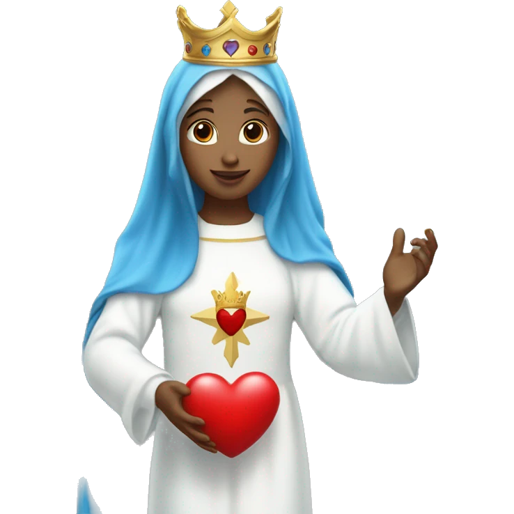 blessed virgin mary with a crown, with blue veil, with white clothes, with white skin, holding a red heart in her hands emoji