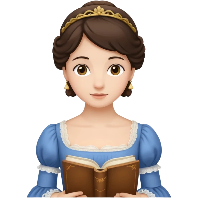 Jane Austen inspired brunette character reading a book wearing a Regency dress, emoji style emoji
