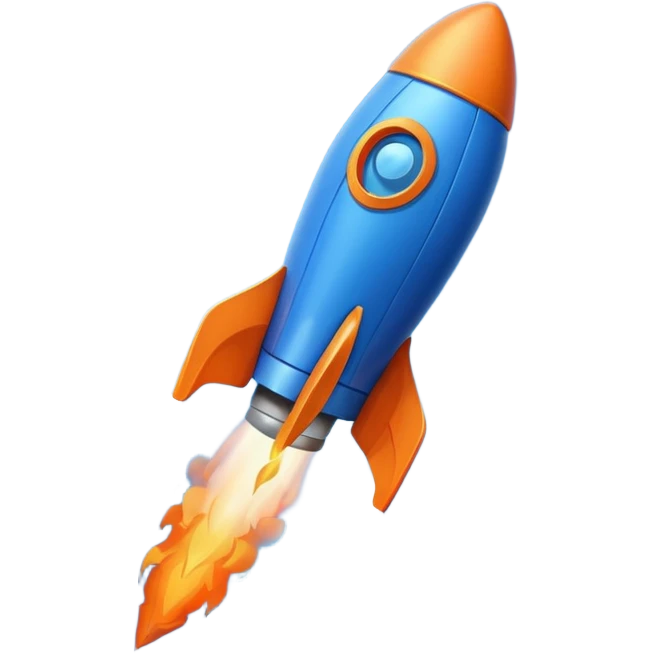 Ракета в сине-оранжевых цветах, взлетающая вверх, оставляющая за собой красивый след из облачков дыма. Символ быстрого прогресса emoji