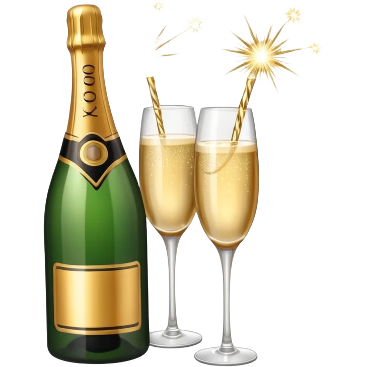 champagne bottle and champagne glasses and champagne sparklers on the bottle emoji